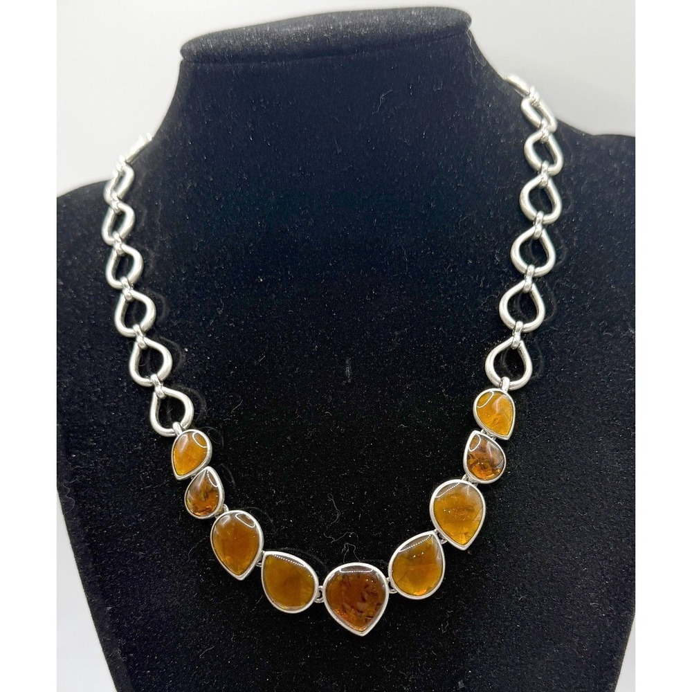 Silver Tone Teardrop Amber-Look‎ Stone Link Necklace Adjustable 16–18"